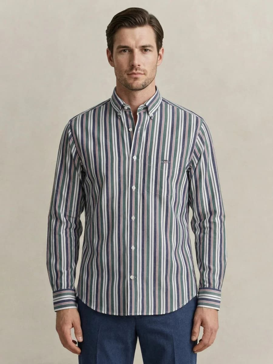 Gant Men Green Striped Regular Fit Poplin Shirt