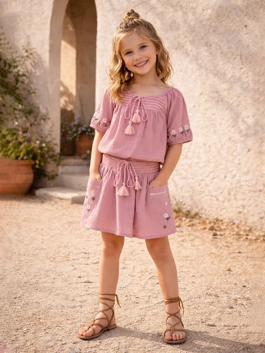 Elle Girls Pink Embroidered Flared Fit Skirt