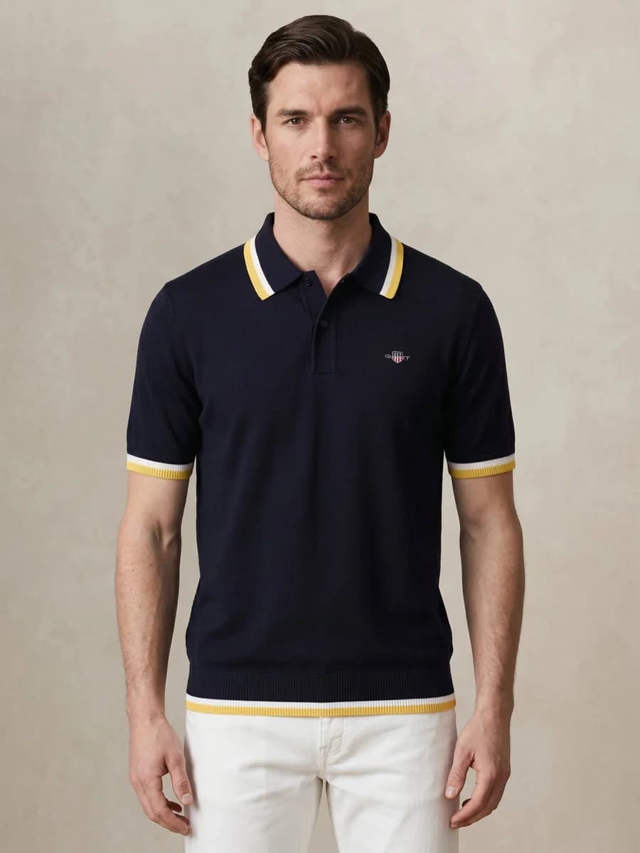 Gant Men Navy Blue Solid Regular Fit Pure Cotton Polo T-Shirt