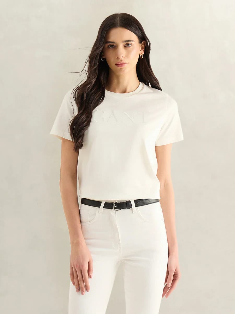 Gant Women White Solid Regular Fit Pure Cotton T-Shirt