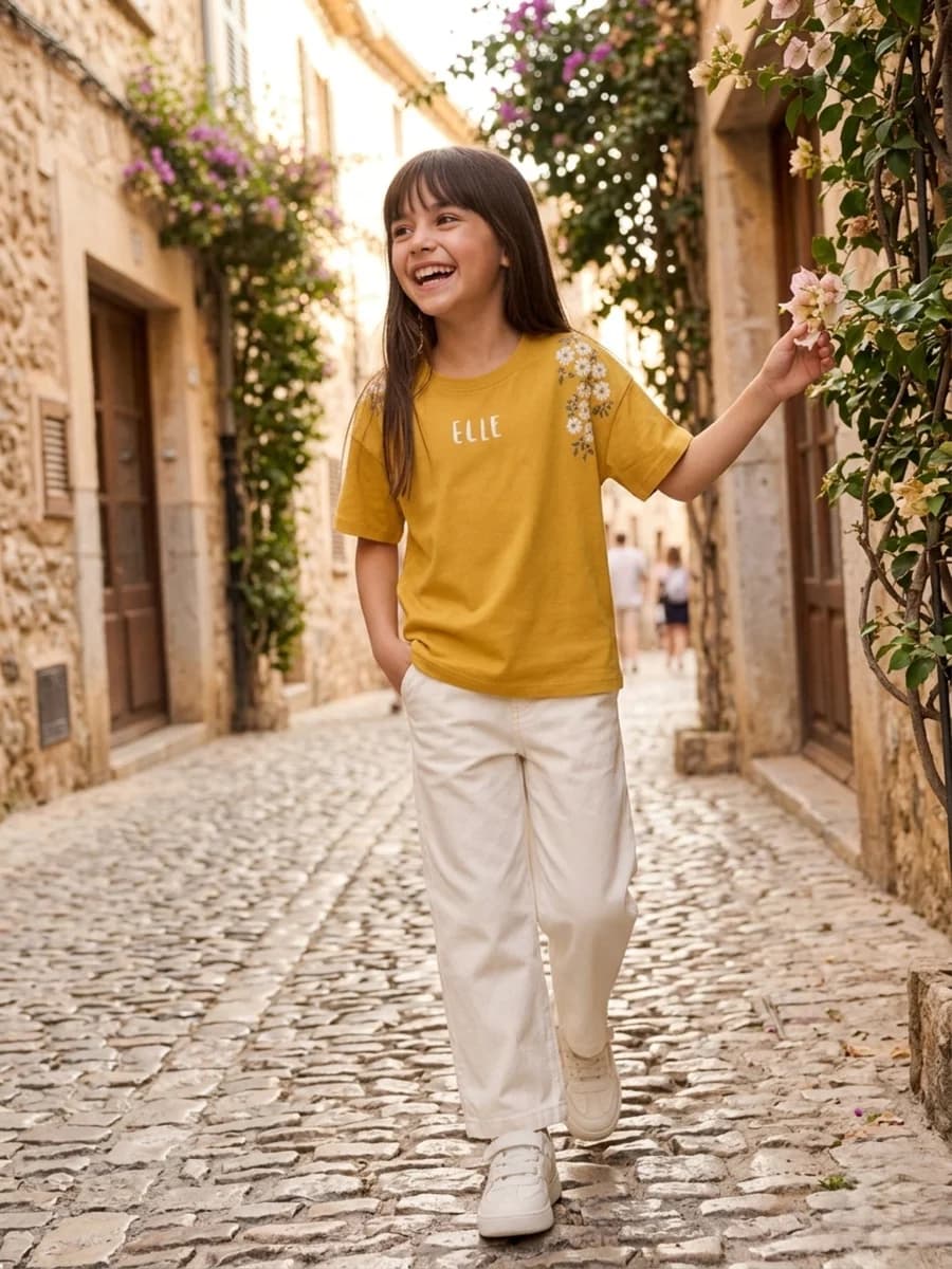 Elle Girls Yellow Printed Oversized Pure Cotton T-Shirt