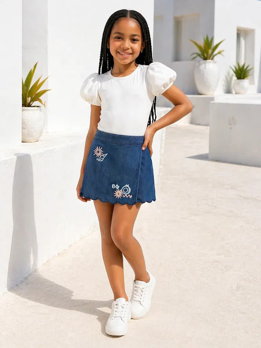 Blue Giraffe Girls Blue Embroidered Regular Fit Pure Cotton Skort