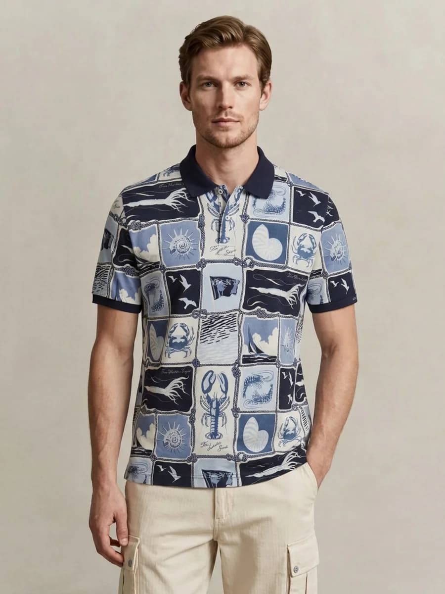 Gant Men Blue Printed Regular Fit Pure Cotton Polo T-Shirt