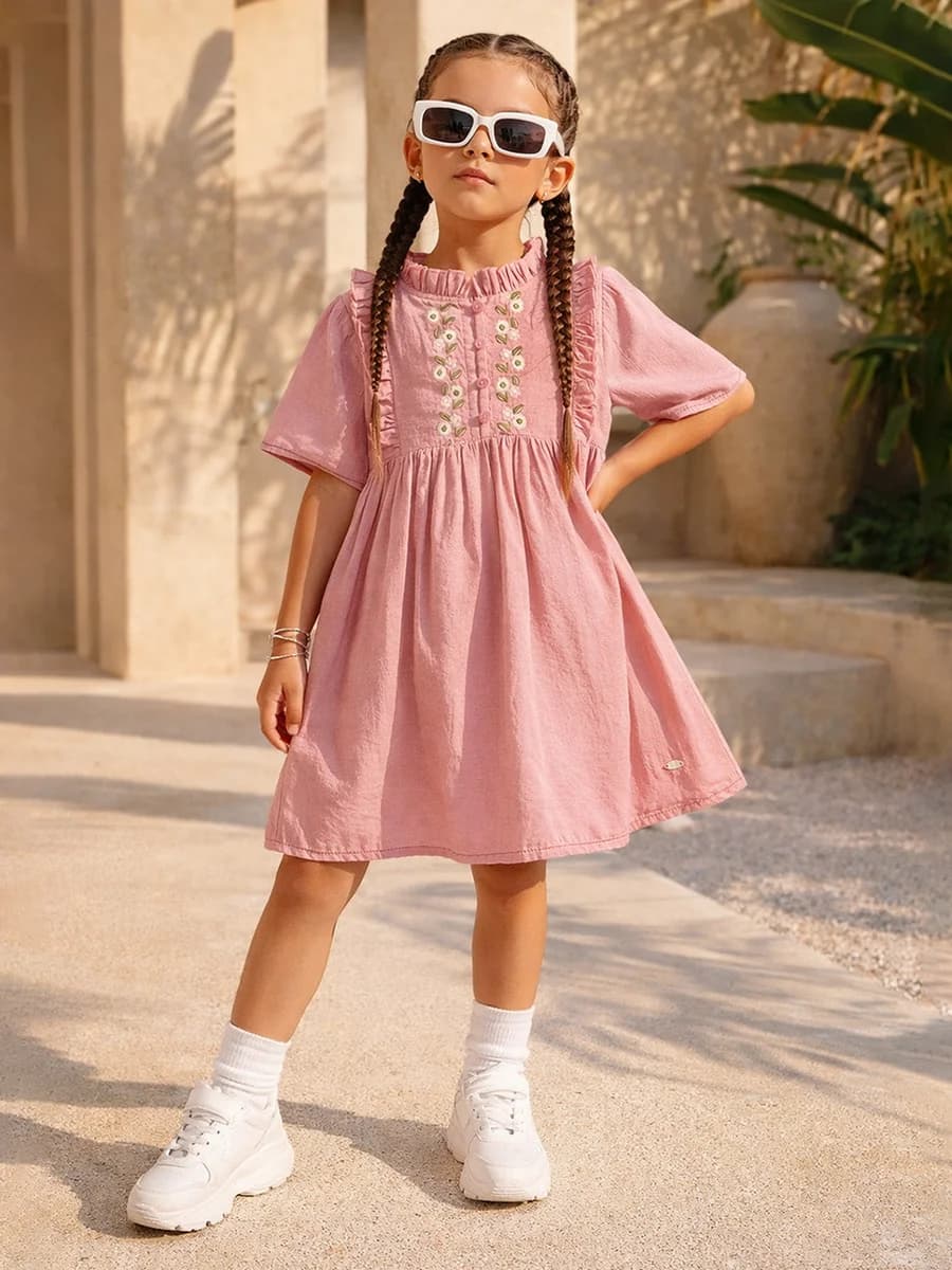 Elle Girls Pink Embroidered Flared Fit Dress