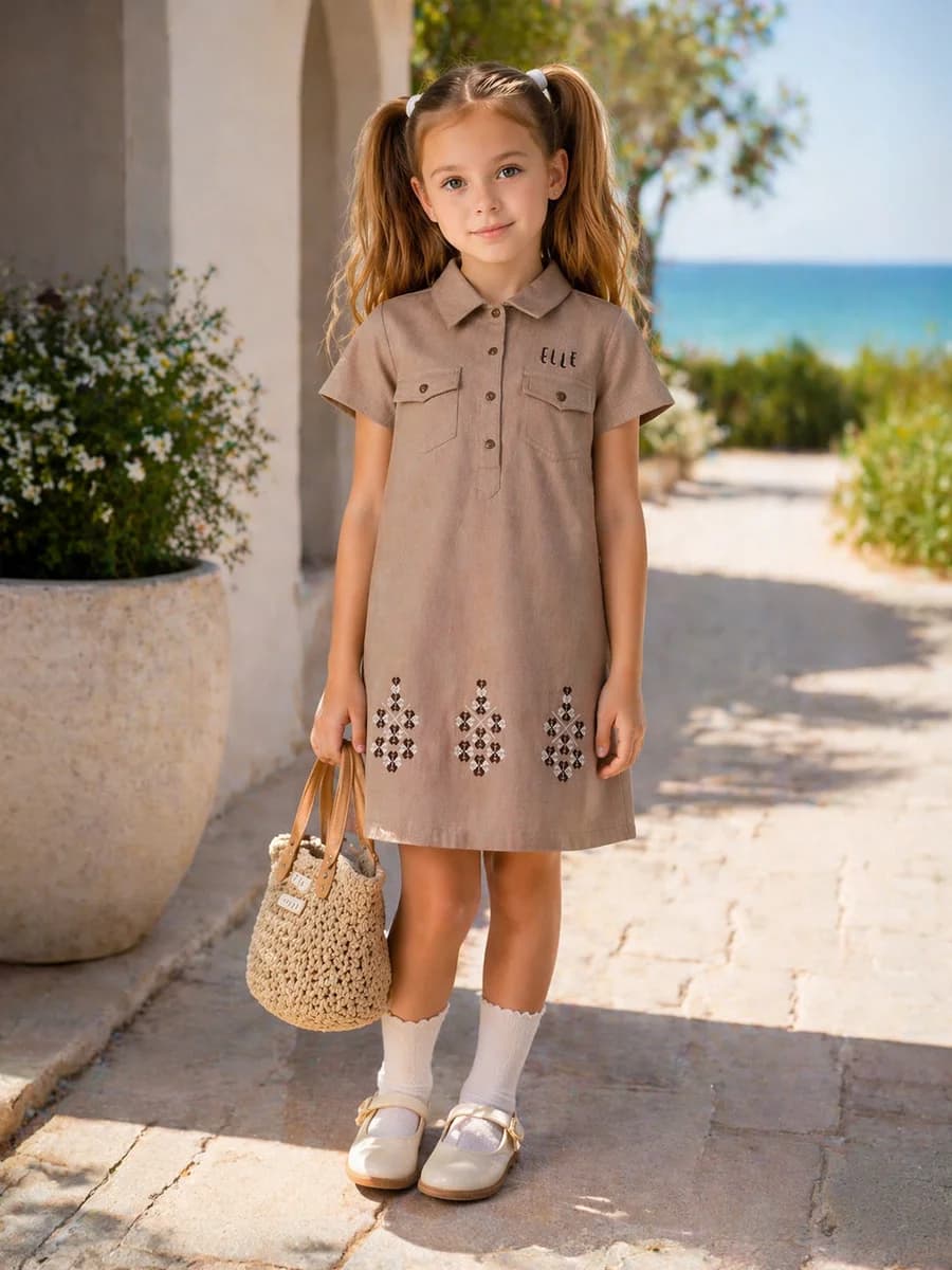 Elle Girls Beige Solid A-Line Fit Dress