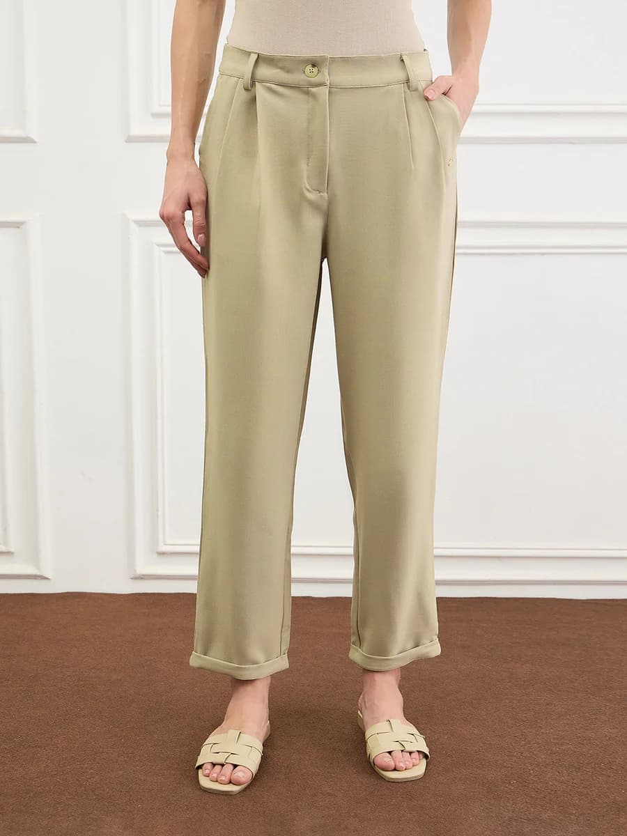 Elle Women Beige Solid Relaxed Fit Trouser