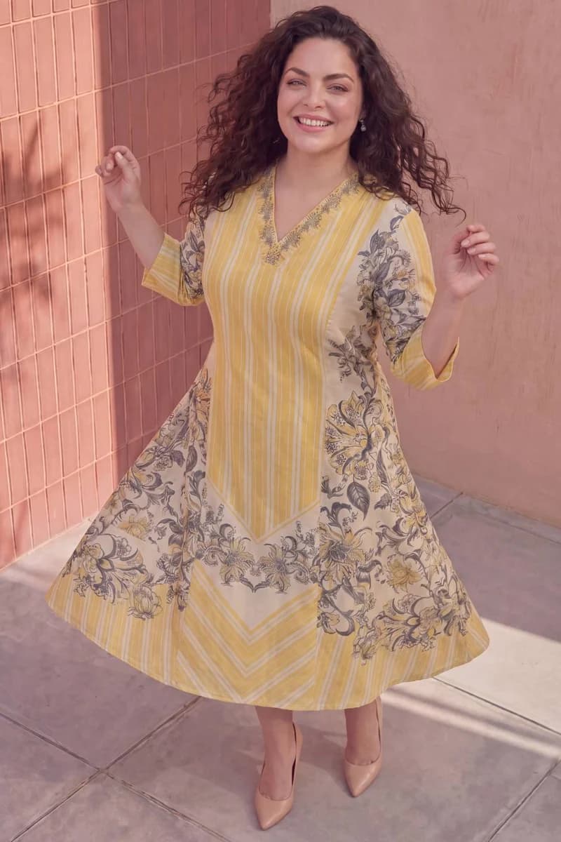 Plus Size Yellow Floral A-Line Cotton Midi Dress