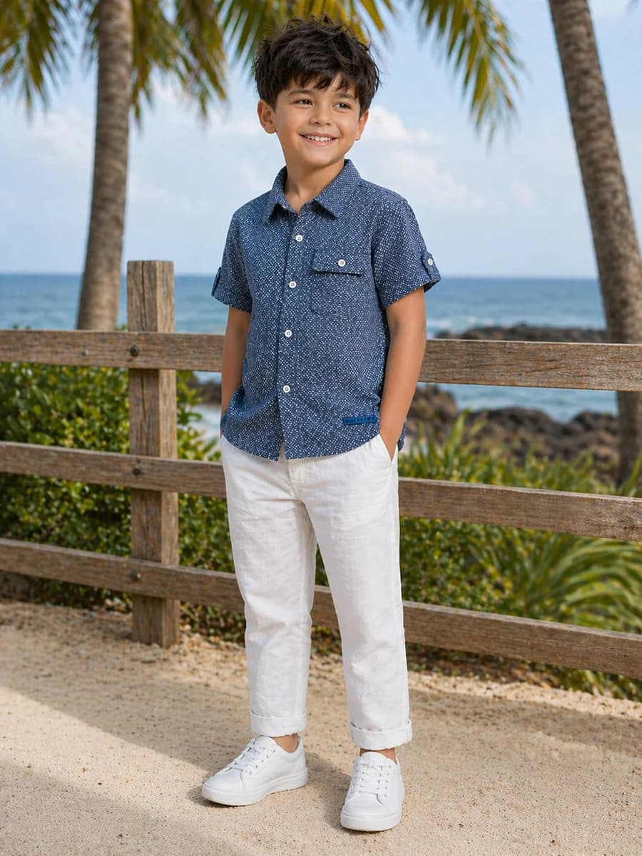 Blue Giraffe Boys Blue Woven Design Regular Fit Shirt