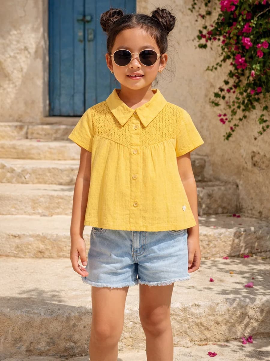 Blue Giraffe Girls Yellow Solid Regular Fit Pure Cotton Top