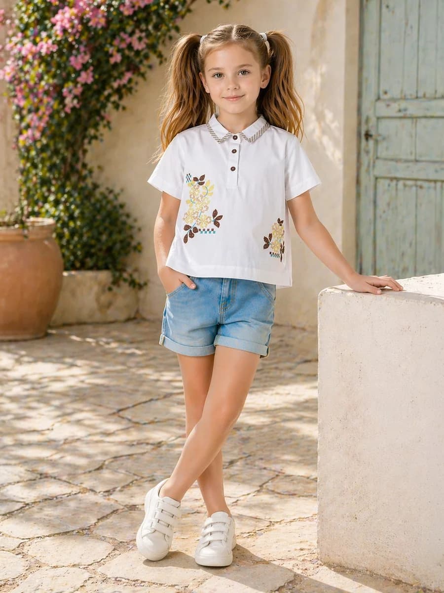 Elle Girls White Embroidered Flared Top