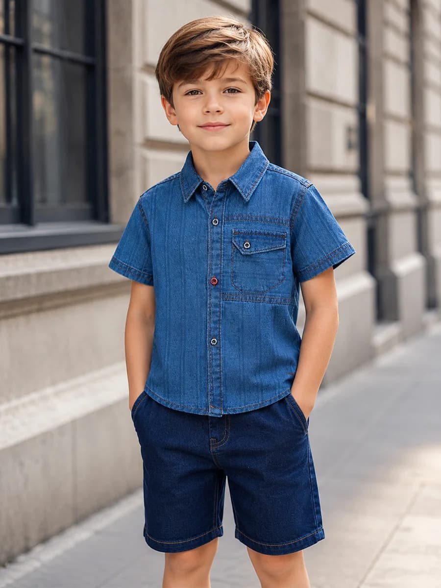 Blue Giraffe Boys Blue Embroidered Regular Fit Pure Cotton Shirt