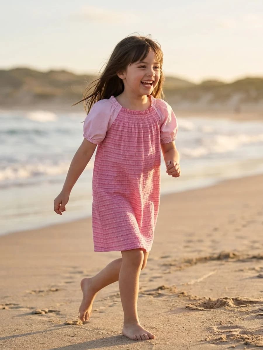 Elle Girls Pink Striped Stretchable Flared Dress