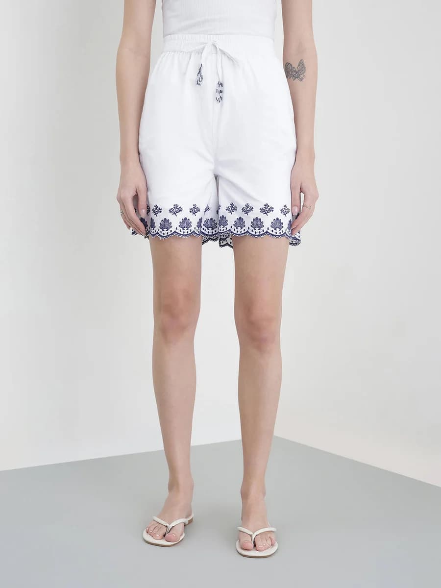 Elle Women White Embroidered Relaxed Fit Pure Cotton Shorts