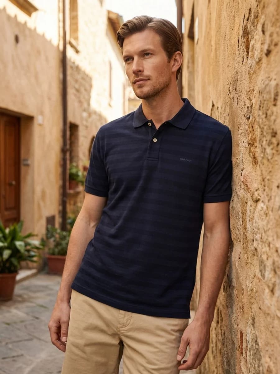Gant Men Navy Blue Striped Regular Fit Pure Cotton Polo T-Shirt