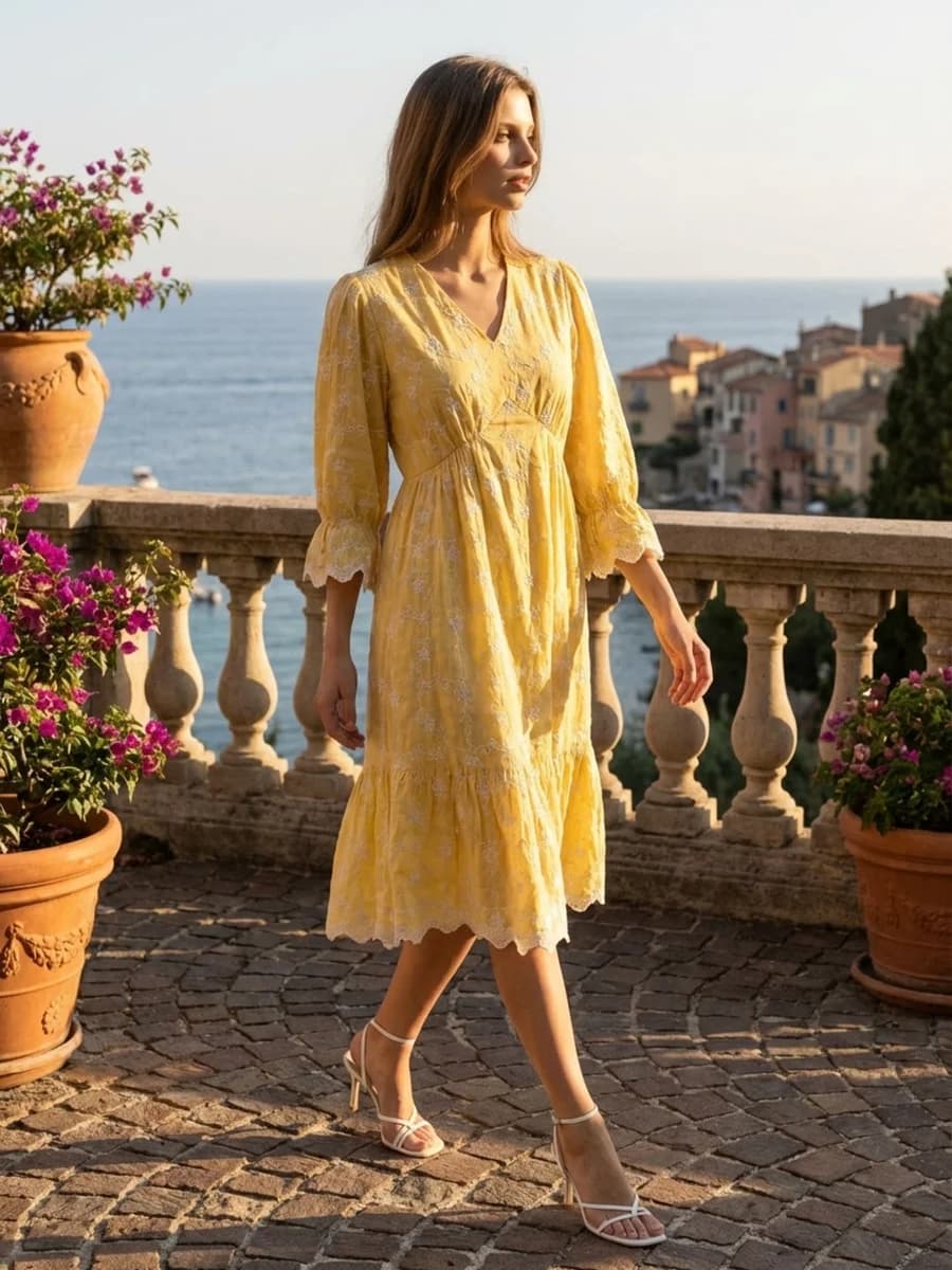 Elle Women Yellow Embroidered Fit & Flared Dress