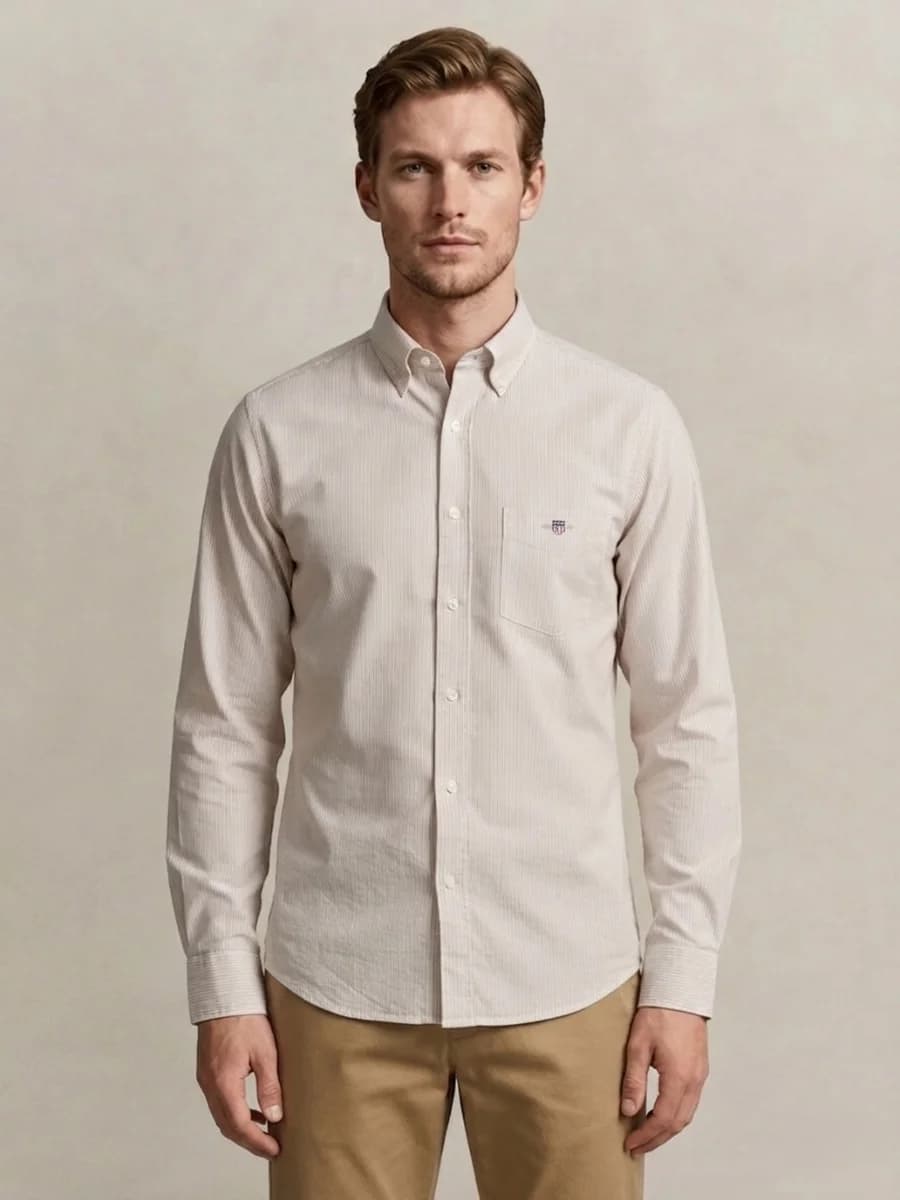 Gant Men Beige Striped Regular Fit Classic Poplin Shirt