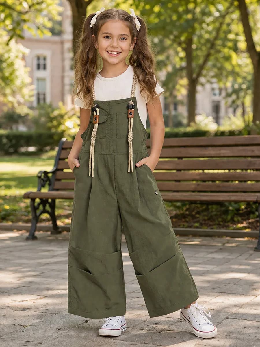Blue Giraffe Girls Green Solid Regular Fit Jumpsuit