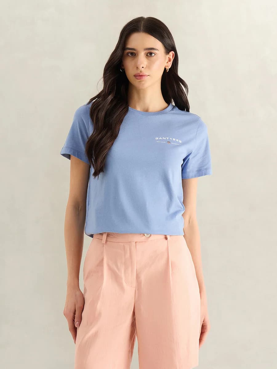 Gant Women Blue Solid Regular Fit Pure Cotton T-Shirt