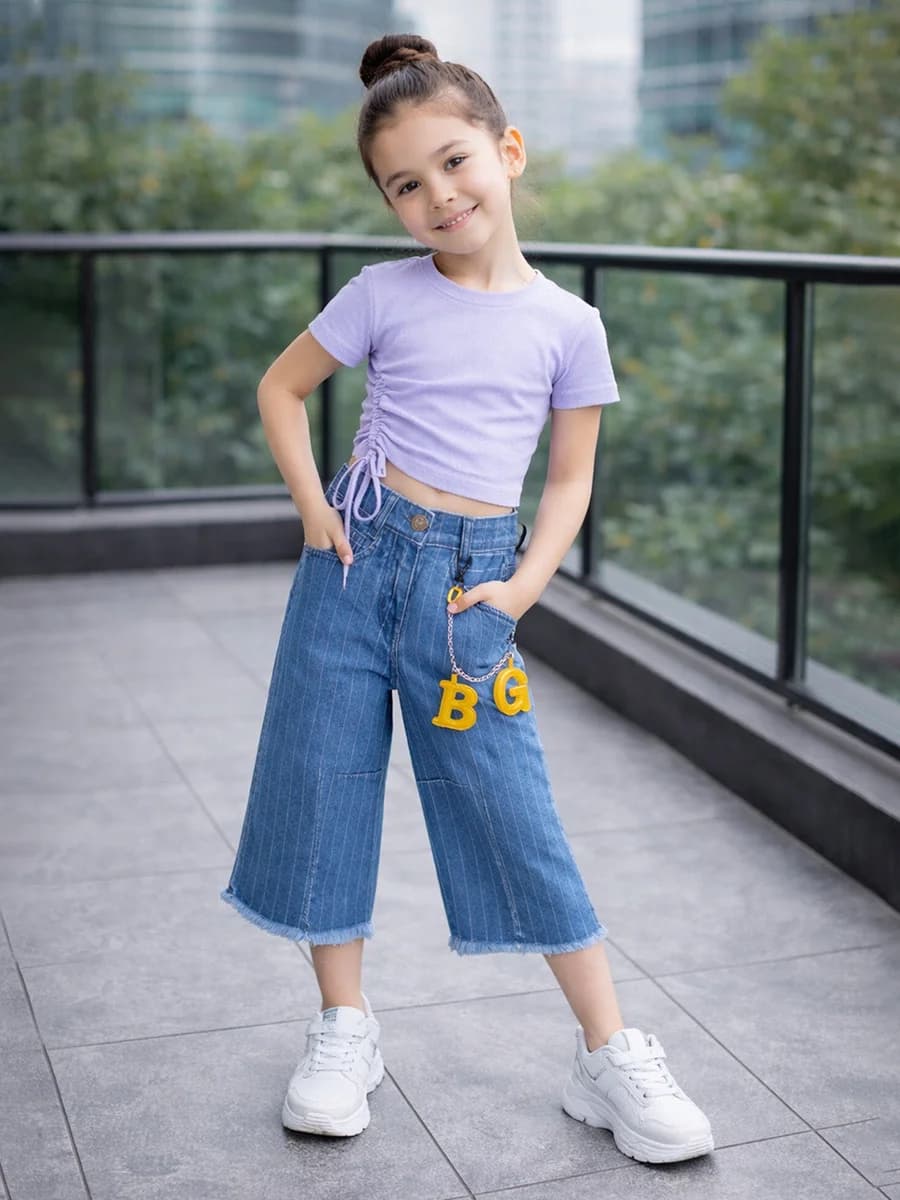 Blue Giraffe Girls Blue Striped Baggy Fit Jeans