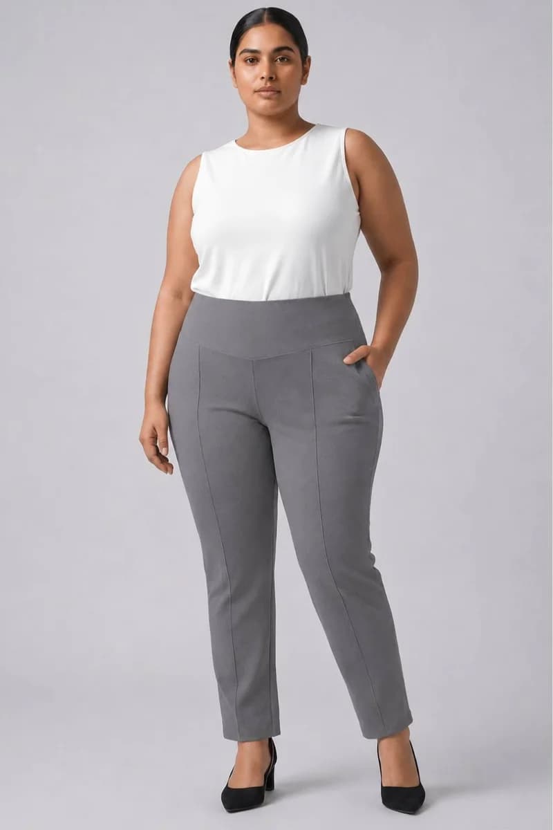 Plus Size Grey Tummy Shaper Straight Fit Pants