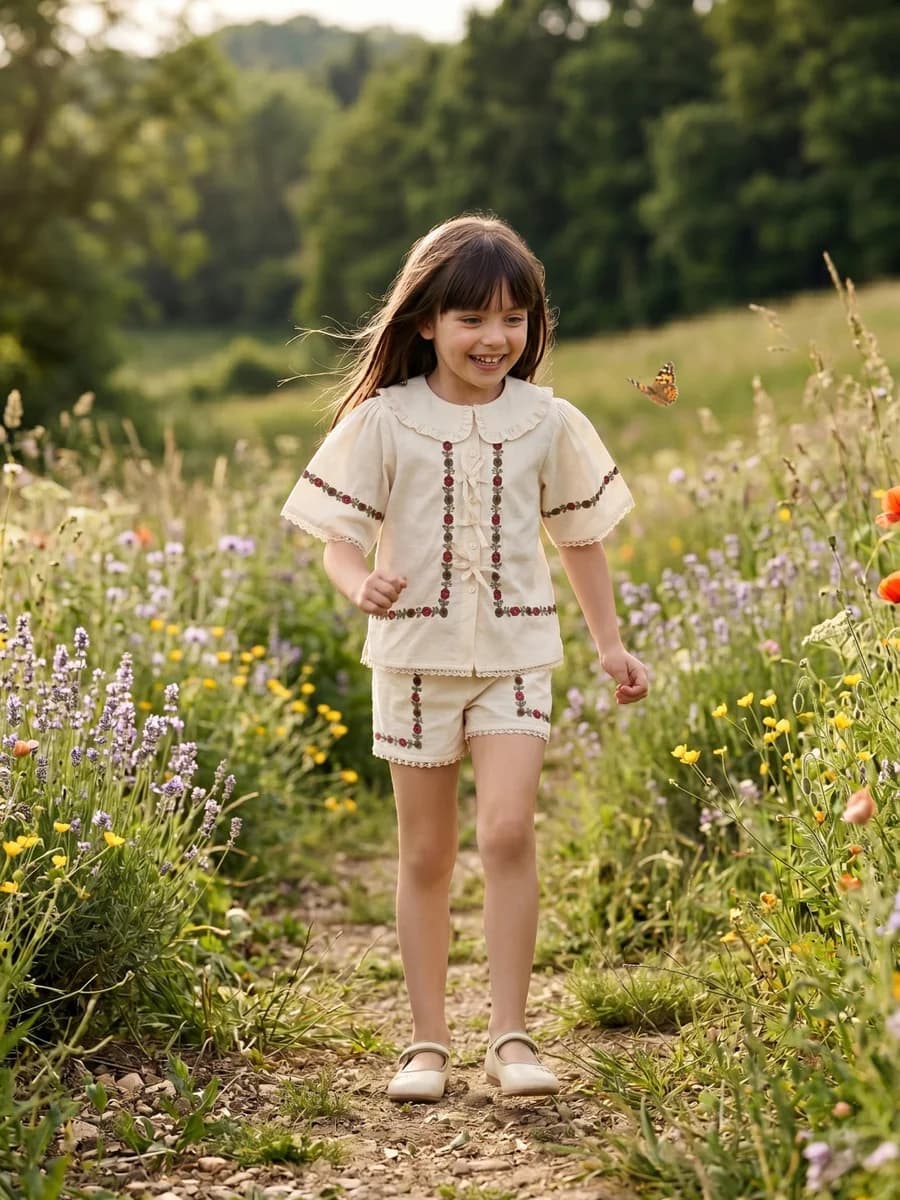 Elle Girls Cream Embroidered Straight Fit Pure Cotton Top