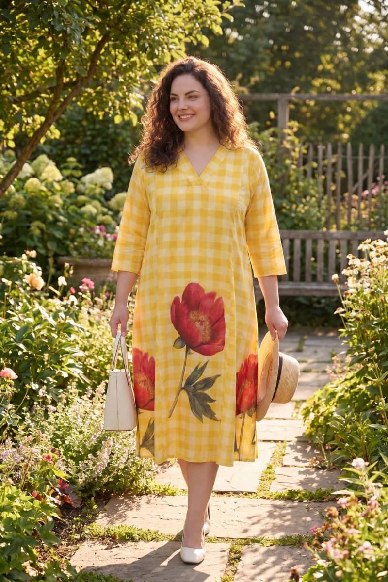 Yellow Gingham Floral Plus Size Midi Dress