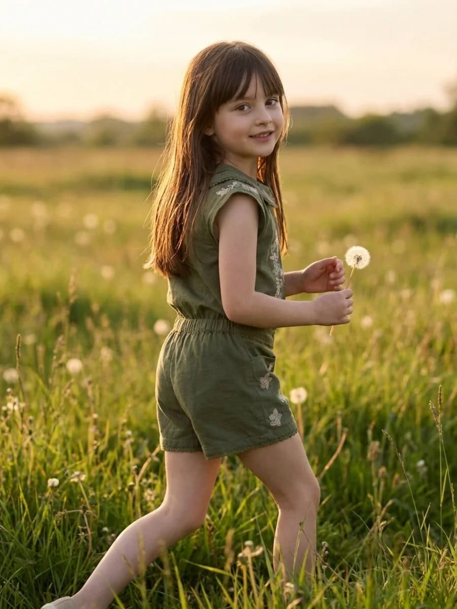 Blue Giraffe Girls Green Embroidered Regular Fit Shorts