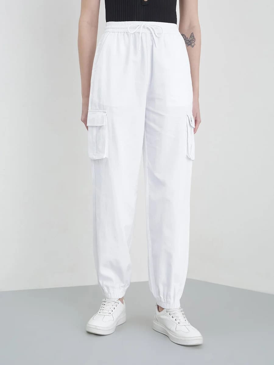 Elle Women White Solid Relaxed Fit Cargo Pant