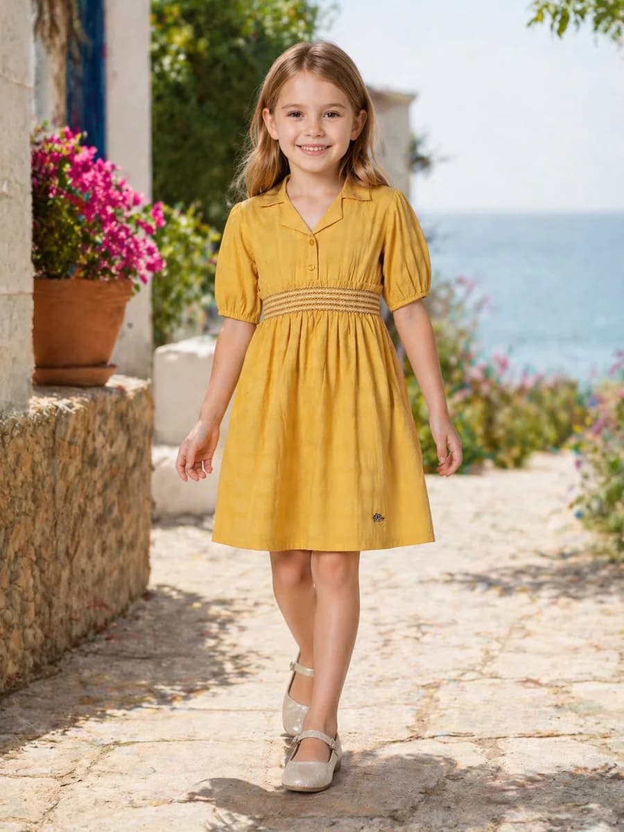 Elle Girls Yellow Solid Flared Pure Cotton Dress