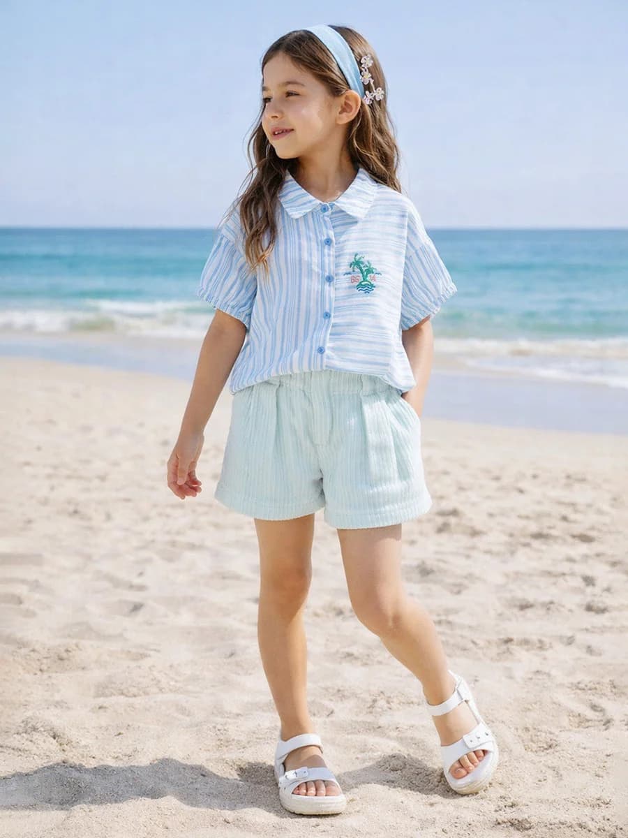 Blue Giraffe Girls White Striped Regular Fit Top