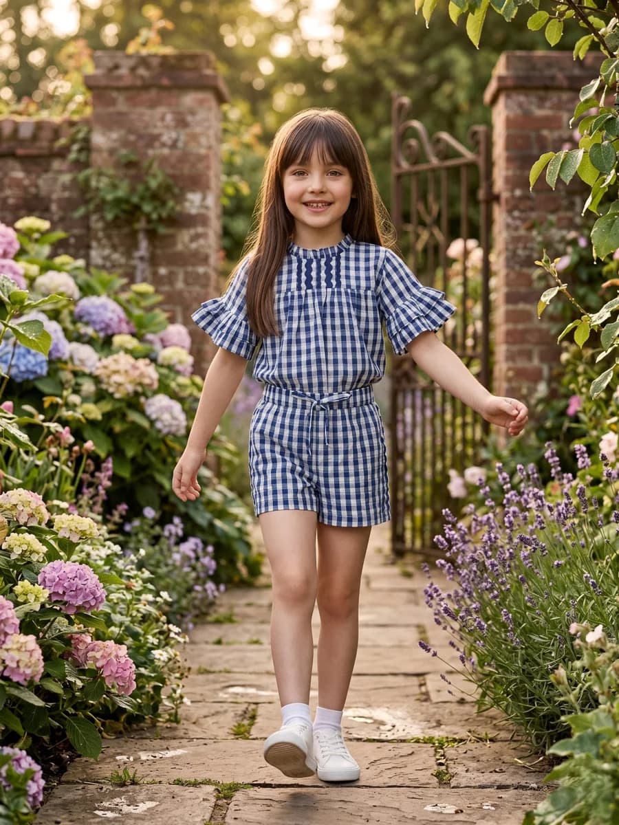 Elle Girls Blue Checked Regular Fit Shorts