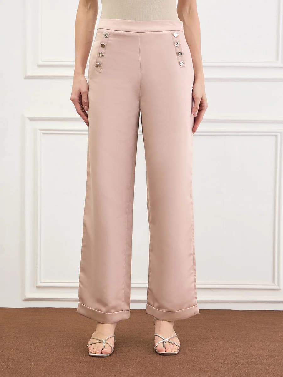Elle Women Pink Solid Straight Fit Trouser