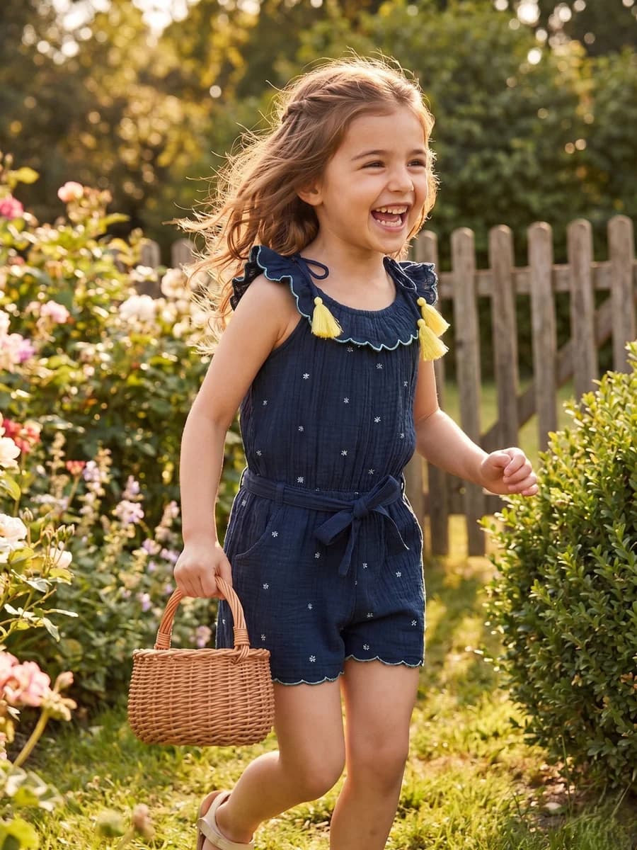 Blue Giraffe Girls Blue Solid Square Neck Playsuit