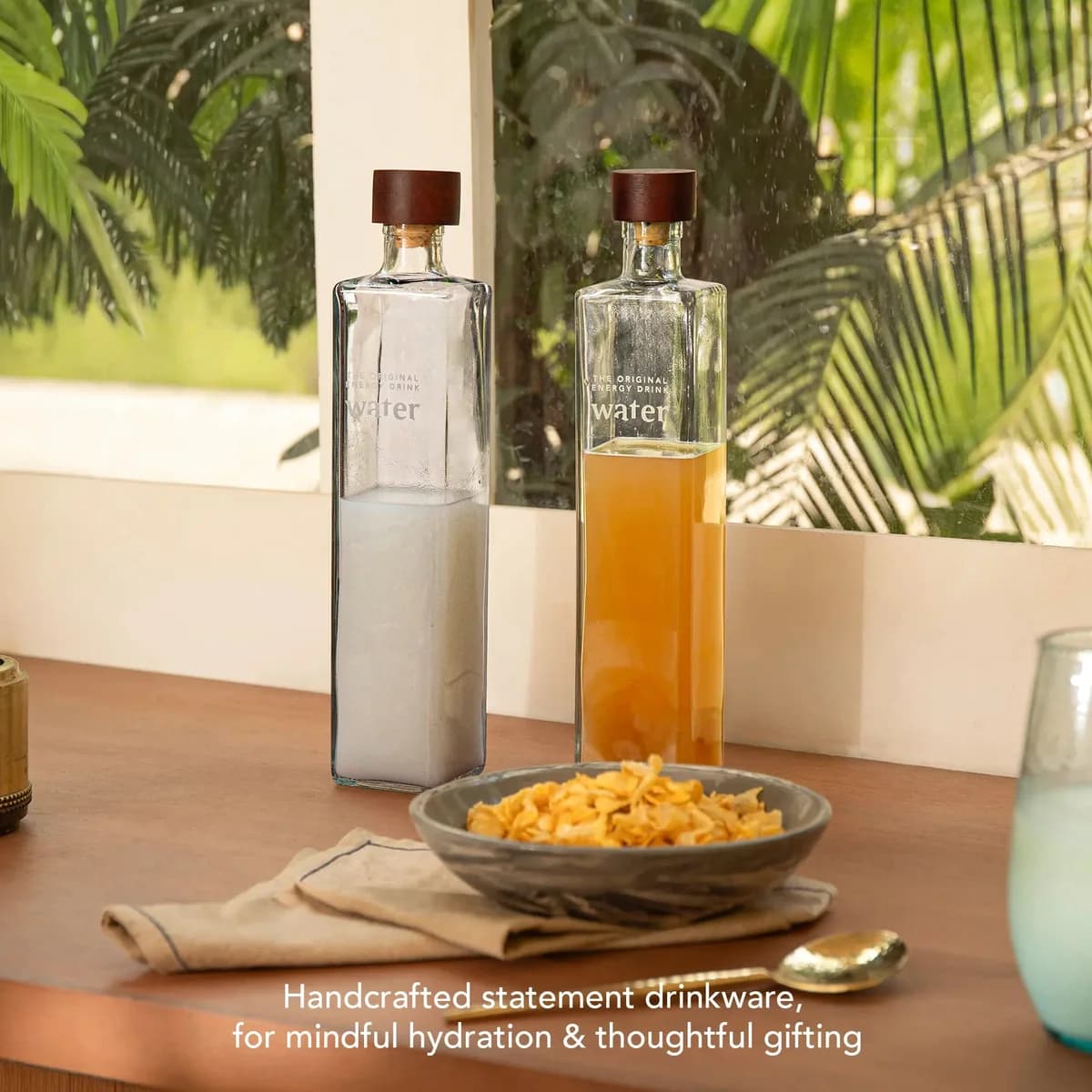 Water Ritual glass water bottle with wooden stopper - set of 2