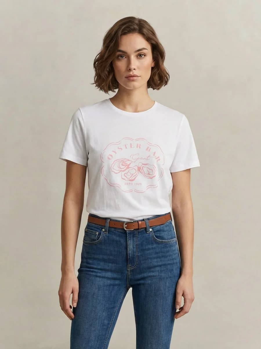 Gant Women White Graphic Print Regular Fit Pure Cotton T-Shirt