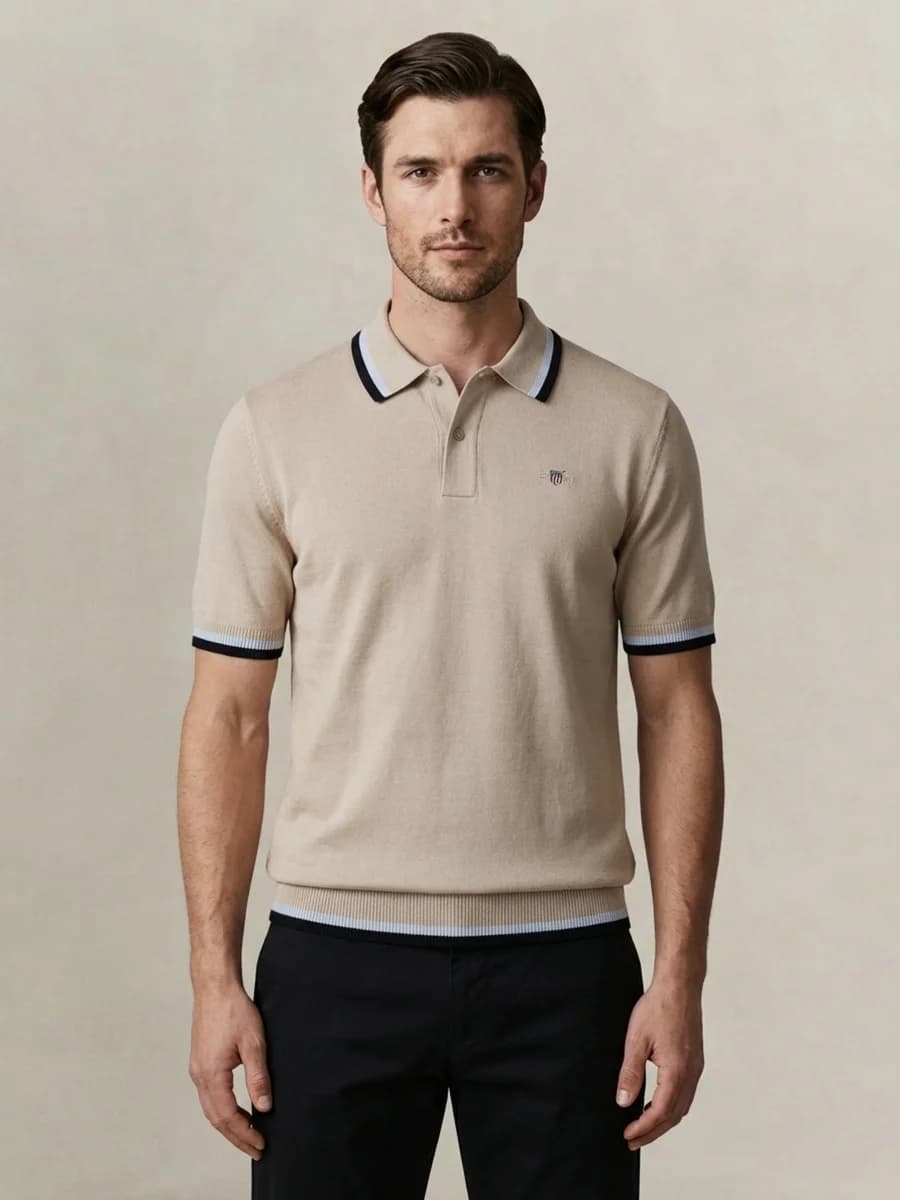 Gant Men Beige Solid Regular Fit Pure Cotton Polo T-Shirt