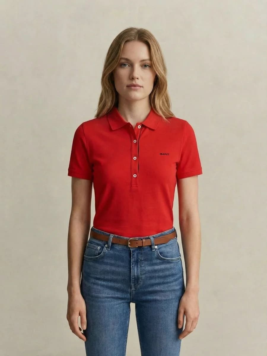 Gant Women Red Solid Slim Fit Pique Polo T-Shirt