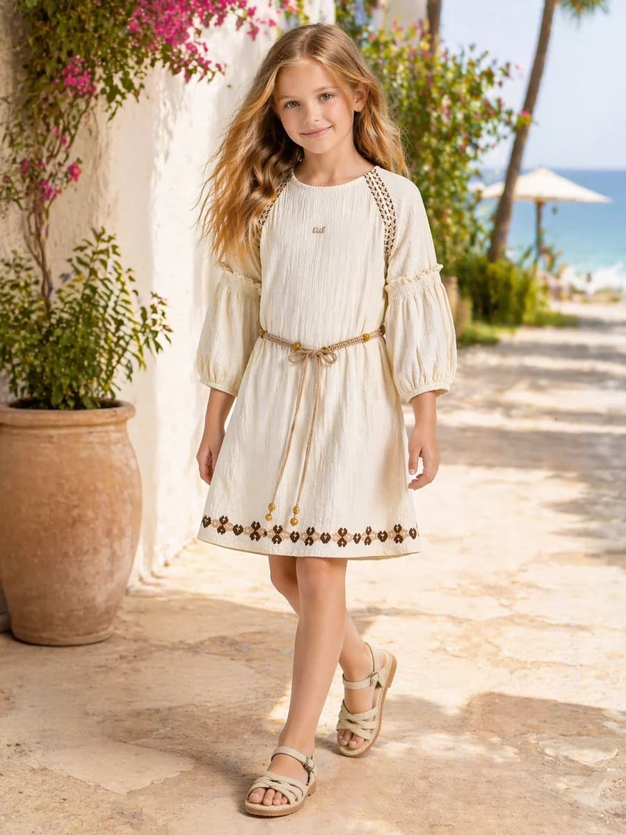 Elle Girls Cream Solid Flared Dress