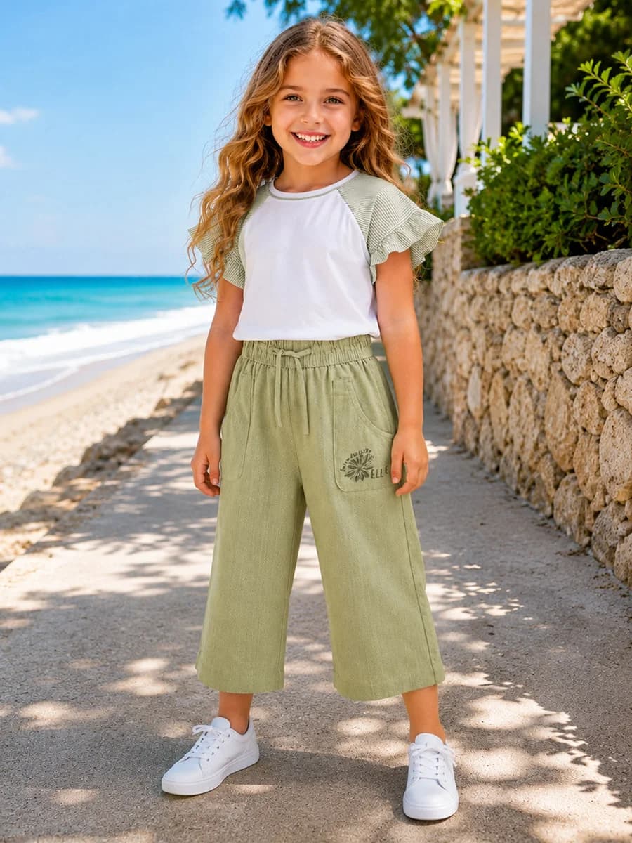 Elle Girls Green Solid Regular Fit Pure Cotton Trouser