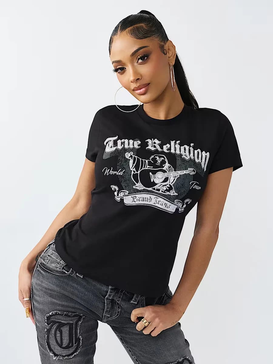 True Religion Women Black Printed Regular Fit T-Shirt