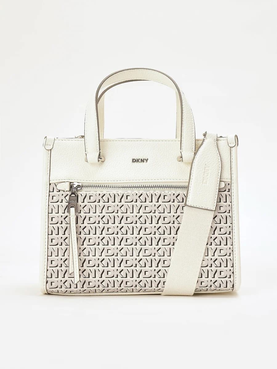 DKNY Women Cream Printed Mini Tote Tote Bags