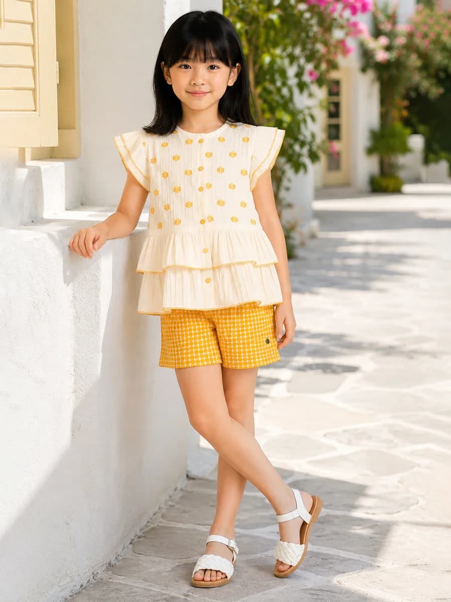 Elle Girls Yellow Checked Regular Fit Shorts