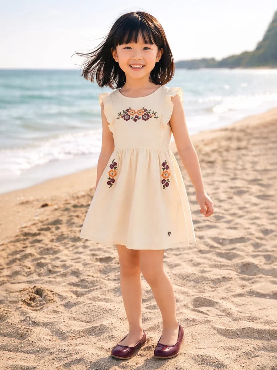 Blue Giraffe Girls Cream Embroidered Fit & Gathered Dress