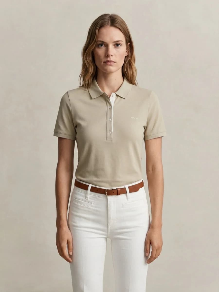 Gant Women Beige Solid Slim Fit Pique Polo T-Shirt