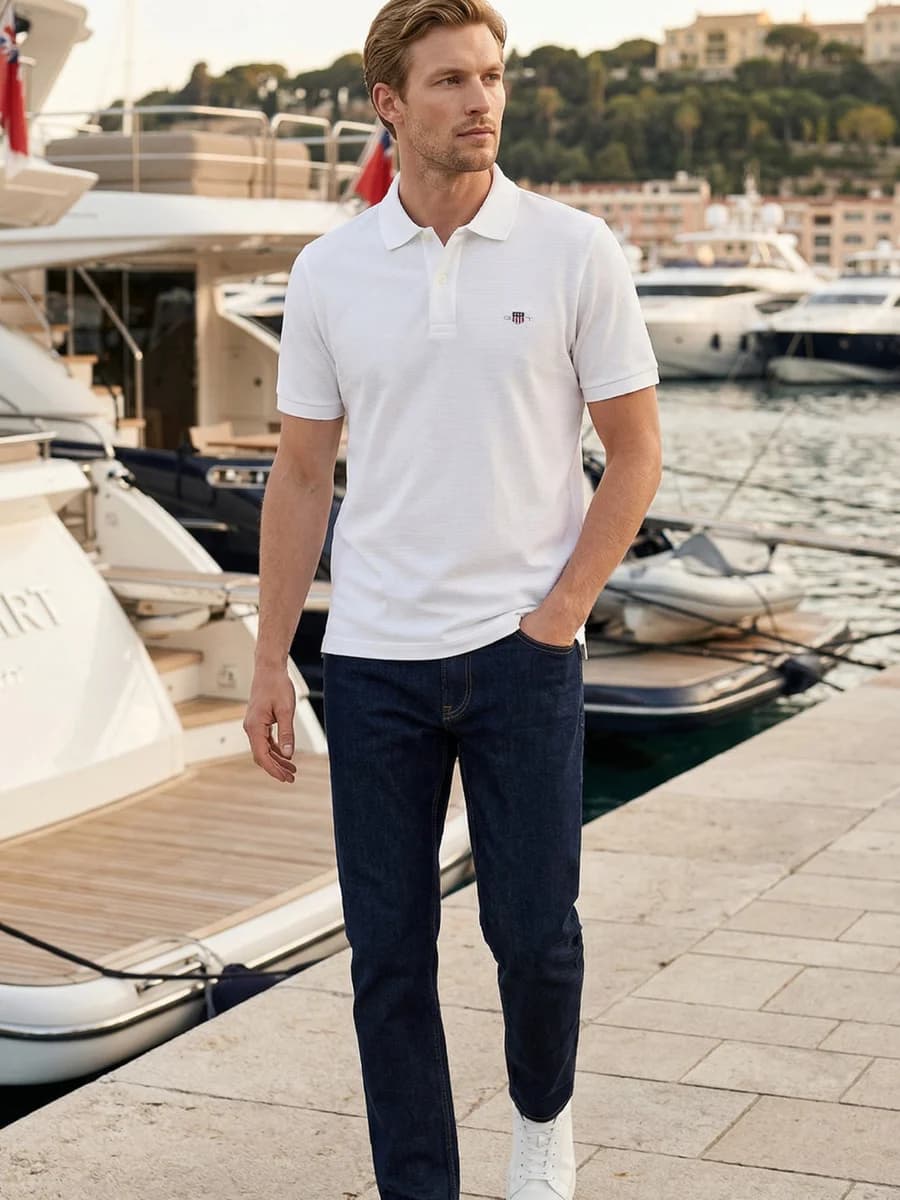 Gant Men White Solid Regular Fit Pure Cotton Polo T-Shirt