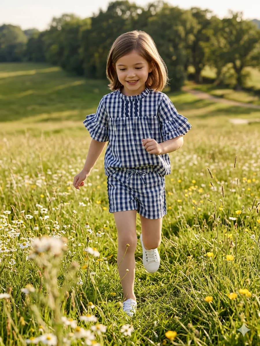 Elle Girls Blue Checked Flared Fit Top