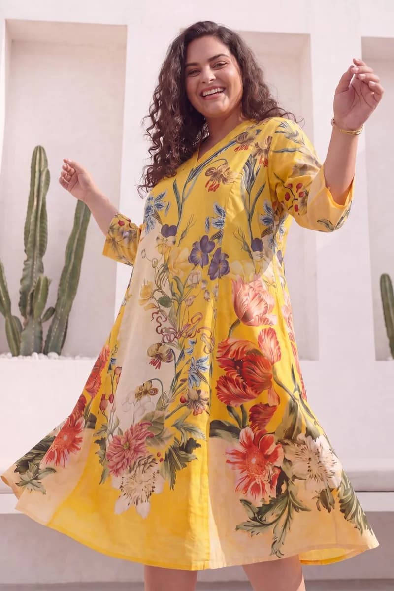Floral Charm Yellow Plus Size Midi Dress