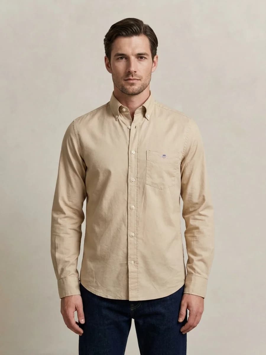 Gant Men Beige Solid Regular Fit Classic Poplin Shirt
