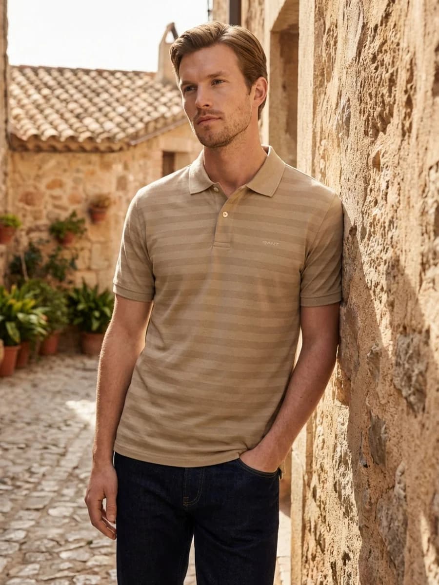 Gant Men Beige Striped Regular Fit Pure Cotton Polo T-Shirt