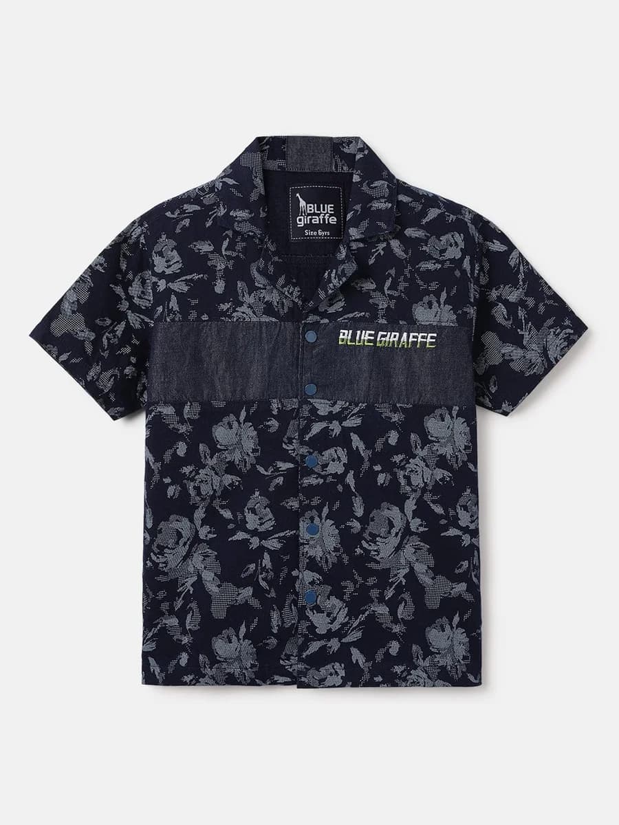 Blue Giraffe Kids Blue Printed Resort Collar Shirt